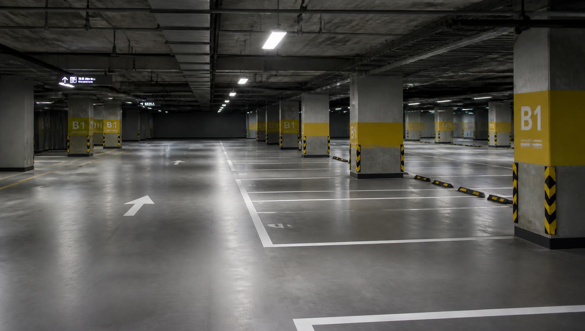 Rent och välskött underjordiskt parkeringsgarage med målade parkeringslinjer och markerade pelare